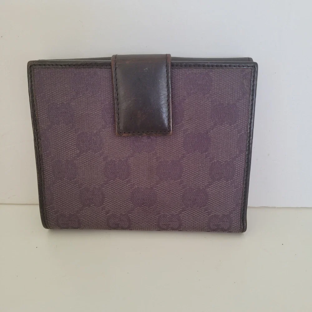 Gucci GG Monogram Canvas Leather Bifold Wallet Purple‎ Brown 143387-2091 Italian